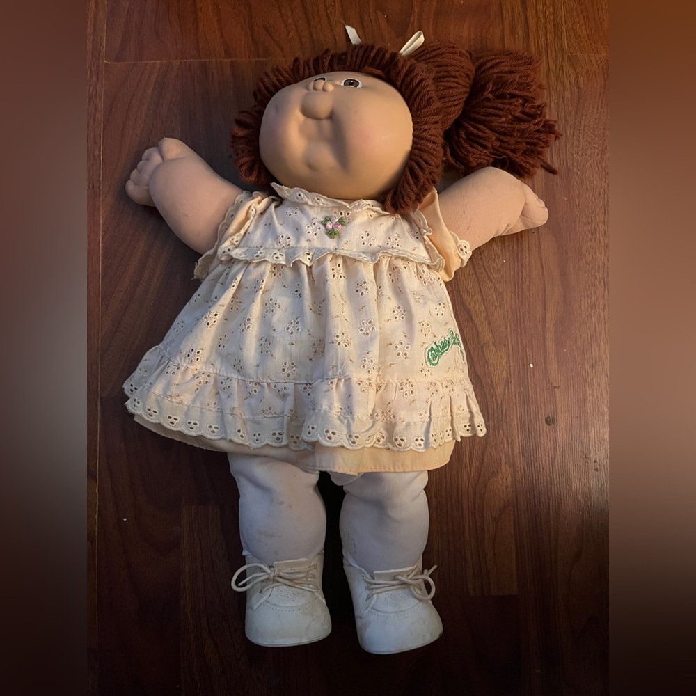 Vintage Canbage Patch Kids Doll with White Dress and Brown Hair